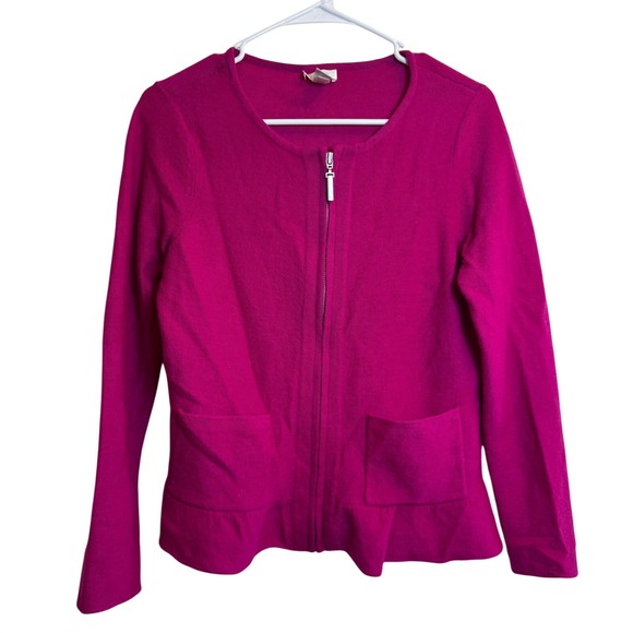 Chico's Sweaters - Chicos Women Size 0 Pink Wool Renee Cardigan Ruffle Hem Zip Front Pocket Fuchsia